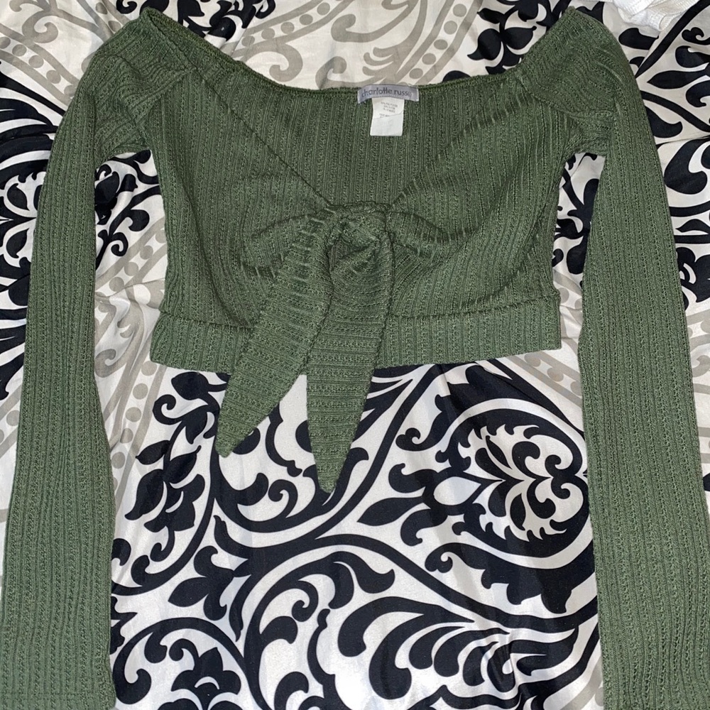 Navy green long sleeve crop top with tie